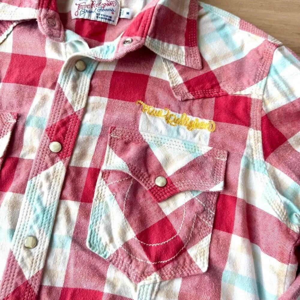 True Religion 56 Rebels Motorcycle Club Pearl Snap Plaid Shirt Red Medium Y2K